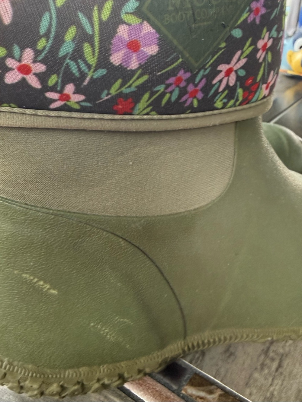 Womens Olive Green Waterproof Ankle Rain Boots with Floral Cuff - Picture 4 of 8